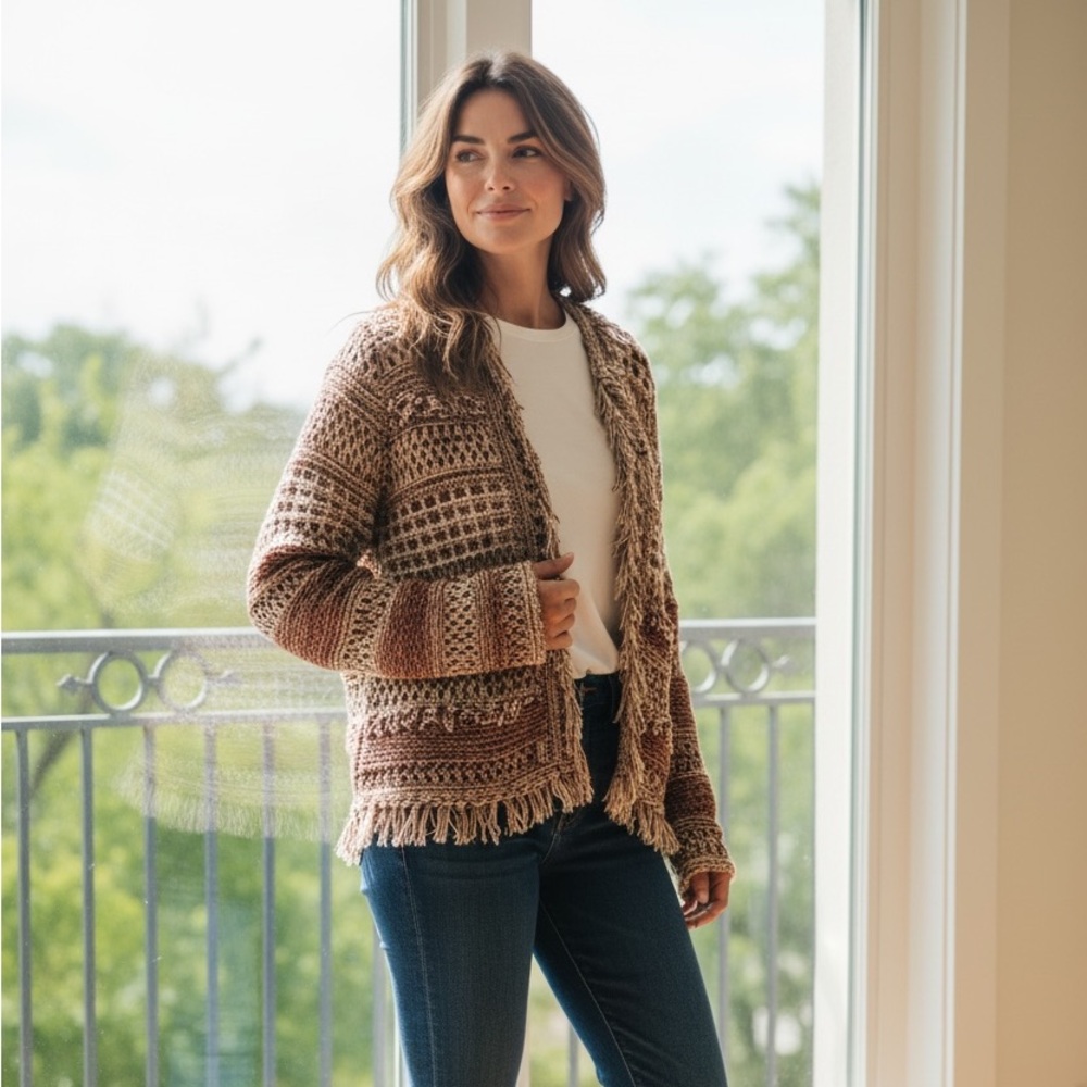 Monoreno Textured Fringe Open Front Cardigan Jacket M